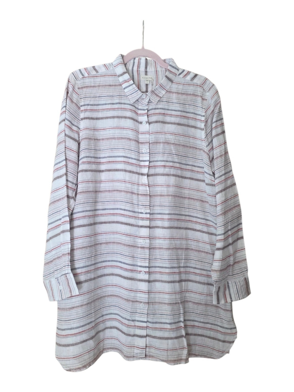 Garnet Hill Easy 100% Linen Tunic Striped Button Front Shirt Red Grey Large
